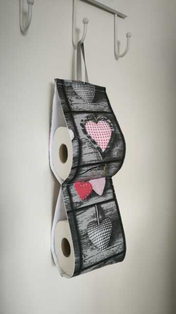 Bathroom Storage. Fabric Toilet Paper Holder. Door Hanger. Storage At The Wall/2 Or 5 Rolls Grey With Blue Hearts - image 1