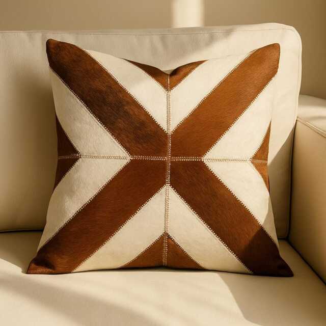 Cowhide Cushion Cover 48x48 Starburst Pattern Real Leather Pillow Brown & White Patchwork Rustic Farmhouse Western Boho Sofa Throw Decor - image 1