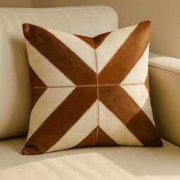 Cowhide Cushion Cover 48x48 Starburst Pattern Real Leather Pillow Brown & White Patchwork Rustic Farmhouse Western Boho Sofa Throw Decor - thumbnail 2