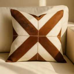 Cowhide Cushion Cover 48x48 Starburst Pattern Real Leather Pillow Brown & White Patchwork Rustic Farmhouse Western Boho Sofa Throw Decor