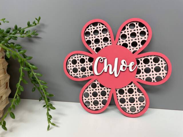 Rattan Style Wall Flower - Personalised Decor Name Nursery Childrens Door Sign Plaque - image 1