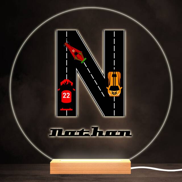 Road Racing Cars Letter N Colourful Round Personalised Gift Led Lamp Night Light - Bedroom - image 1