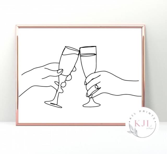 Drinks Line Art Print - Champagne Wedding Gift Anniversary Drinks Toast Drawing Wine