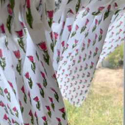 Hand Block Printed Cotton Kitchen Curtain Valance, Rose Floral, Set Of Two - thumbnail 3