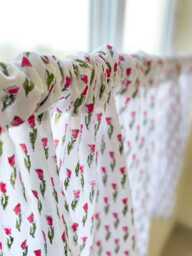 Hand Block Printed Cotton Kitchen Curtain Valance, Rose Floral, Set Of Two - thumbnail 1