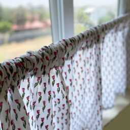 Hand Block Printed Cotton Kitchen Curtain Valance, Rose Floral, Set Of Two - thumbnail 2