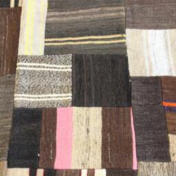 Handmade Wool Patchwork Kilim Rug, Brown Bohemian Accent Rug - 7.6x5.2 Ft - thumbnail 2