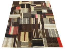 Handmade Wool Patchwork Kilim Rug, Brown Bohemian Accent Rug - 7.6x5.2 Ft - thumbnail 1