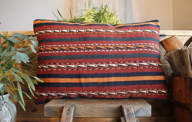 4060cm - 1624In Handwoven Boho Kilim Pillow Cover - Hand Spun Wool Orange Maroon Blue - image 1