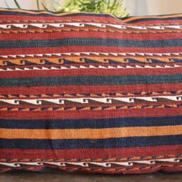 4060cm - 1624In Handwoven Boho Kilim Pillow Cover - Hand Spun Wool Orange Maroon Blue - thumbnail 2