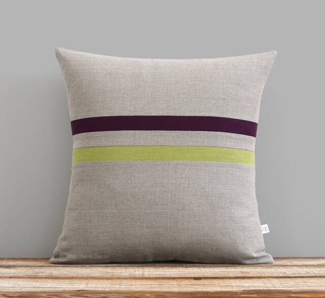 Linden Green & Purple Striped Linen Pillow 16x16 - Fall Home Decor By Jillianrenedecor Autumnal Plum - image 1
