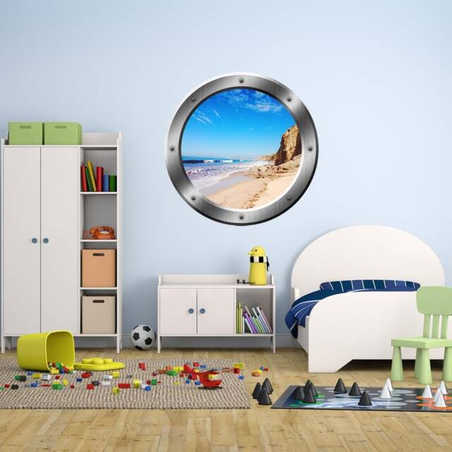 Peel & Stick Beach Scene 3D Ocean Porthole Surf Wall Art Decal Family Silver Portal Home Decor - Vwaq-Sp32 - image 1