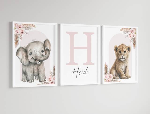 Safari Elephant Lion Animal Baby Girls A4 Or A3 Nursery Unframed Personalised Prints Neutral Boho Pink Flower Jungle - image 1