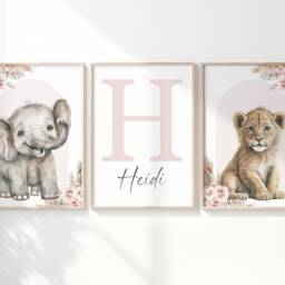Safari Elephant Lion Animal Baby Girls A4 Or A3 Nursery Unframed Personalised Prints Neutral Boho Pink Flower Jungle - thumbnail 2