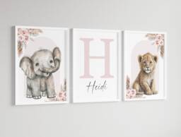Safari Elephant Lion Animal Baby Girls A4 Or A3 Nursery Unframed Personalised Prints Neutral Boho Pink Flower Jungle - thumbnail 1