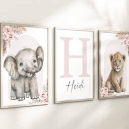 Safari Elephant Lion Animal Baby Girls A4 Or A3 Nursery Unframed Personalised Prints Neutral Boho Pink Flower Jungle - thumbnail 3