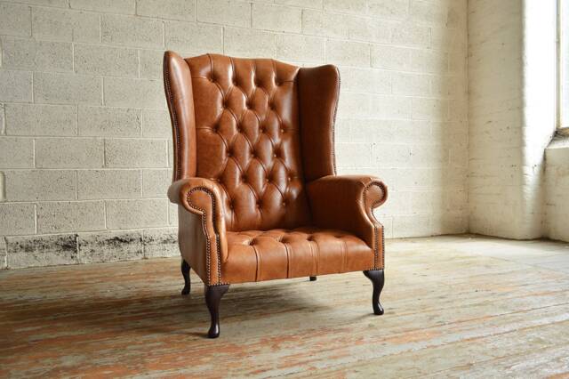 Large Vintage Tan Brown Leather Chesterfield High Back Wing Chair, British Handmade - image 1