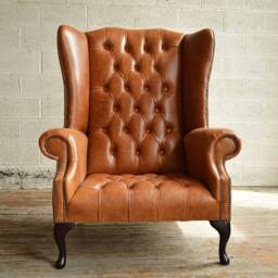 Large Vintage Tan Brown Leather Chesterfield High Back Wing Chair, British Handmade - thumbnail 2