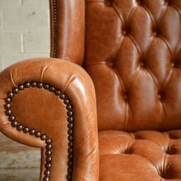 Large Vintage Tan Brown Leather Chesterfield High Back Wing Chair, British Handmade - thumbnail 3