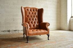 Large Vintage Tan Brown Leather Chesterfield High Back Wing Chair, British Handmade - thumbnail 1