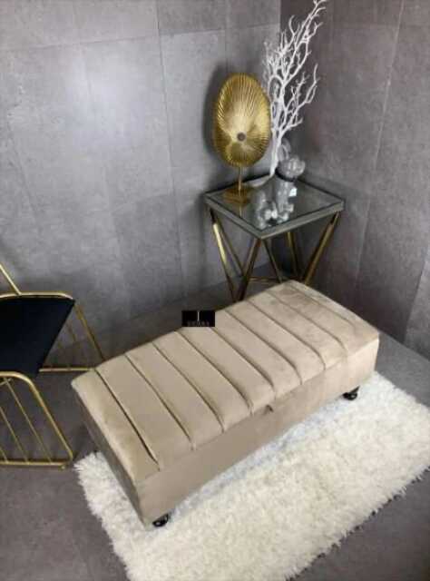 Champagne Beige Velvet Ottoman Bench - Handmade Storage Box With Cushions - image 1