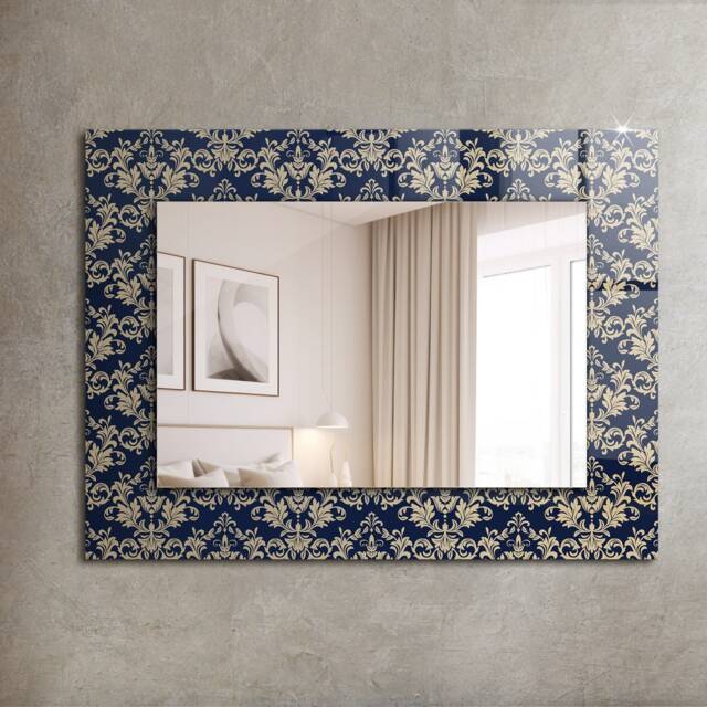 Victorian Wallpaper Pattern Mirror, Rectangular Mirror With Frame, Navy Printed Decorative Wall For Entrance - image 1