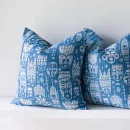 Blue Tribal Mask Pillow Cover Set, Boho Cotton Accent Pillows - thumbnail 2
