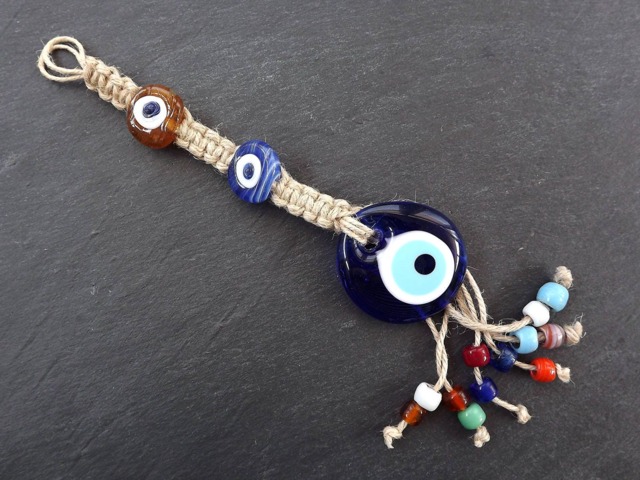Fun Multicolor Turkish Evil Eye Wall Hanging Home Garden Decoration With Blue & Honey Yellow Evileye Traditional Artisan Beads - No1 - image 1