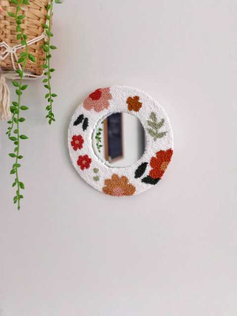 Floral Punch Needle Mirror, Boho Wall Decor, Fiber Art Round Mirror - 7 Inch - image 1