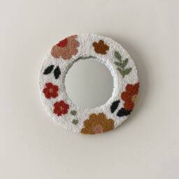 Floral Punch Needle Mirror, Boho Wall Decor, Fiber Art Round Mirror - 7 Inch - thumbnail 4