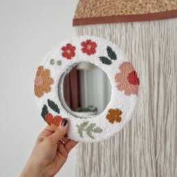 Floral Punch Needle Mirror, Boho Wall Decor, Fiber Art Round Mirror - 7 Inch - thumbnail 3