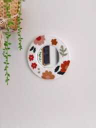 Floral Punch Needle Mirror, Boho Wall Decor, Fiber Art Round Mirror - 7 Inch