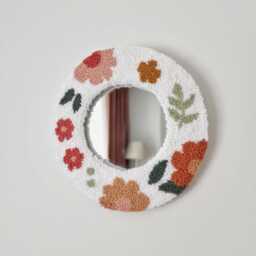 Floral Punch Needle Mirror, Boho Wall Decor, Fiber Art Round Mirror - 7 Inch - thumbnail 2