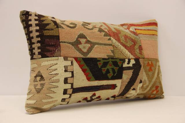 Turkish Kilim Pillow Cover, Patchwork Wool Lumbar Cushion - 12x20 In - image 1
