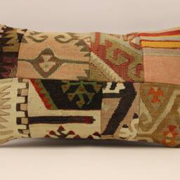 Turkish Kilim Pillow Cover, Patchwork Wool Lumbar Cushion - 12x20 In - thumbnail 2