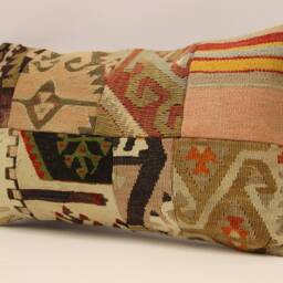 Turkish Kilim Pillow Cover, Patchwork Wool Lumbar Cushion - 12x20 In - thumbnail 3