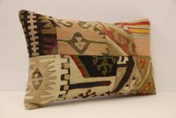 Turkish Kilim Pillow Cover, Patchwork Wool Lumbar Cushion - 12x20 In - thumbnail 1