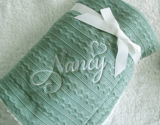 Personalised Embroidered Super Snuggly Cable Knit Wrap With Pom Pom's & Sherpa Back, New Born Baby Boy, Girl Blanket, Optional Gift Bag - image 1