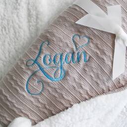 Personalised Embroidered Super Snuggly Cable Knit Wrap With Pom Pom's & Sherpa Back, New Born Baby Boy, Girl Blanket, Optional Gift Bag - thumbnail 2