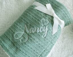 Personalised Embroidered Super Snuggly Cable Knit Wrap With Pom Pom's & Sherpa Back, New Born Baby Boy, Girl Blanket, Optional Gift Bag - thumbnail 1