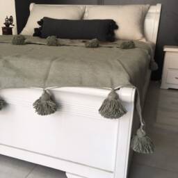 Moroccan Khaki Pom Throw Blanket With Tassels - Duvet Cover Made From Hand Woven Cotton Sofa Couch Bed End - thumbnail 3
