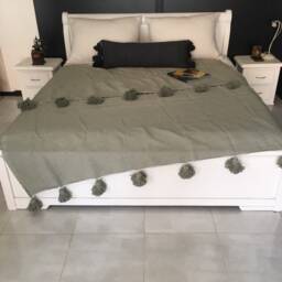 Moroccan Khaki Pom Throw Blanket With Tassels - Duvet Cover Made From Hand Woven Cotton Sofa Couch Bed End - thumbnail 2