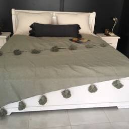 Moroccan Khaki Pom Throw Blanket With Tassels - Duvet Cover Made From Hand Woven Cotton Sofa Couch Bed End - thumbnail 4