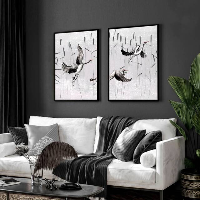 Trendy Japanese Crane Set Of 2 Framed Wall Art Prints For Living Room Decor, Earth Tone Japandi Gallery Hanging New Home Gift - image 1