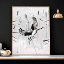 Trendy Japanese Crane Set Of 2 Framed Wall Art Prints For Living Room Decor, Earth Tone Japandi Gallery Hanging New Home Gift - thumbnail 3