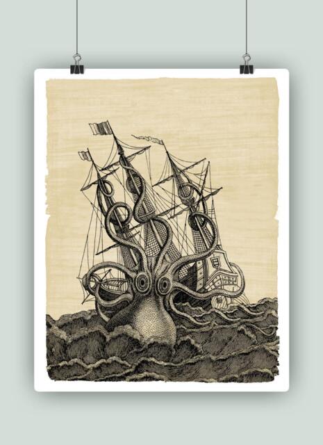 Kraken Art, Octopus Print, Coastal Wall Nautical Decor, Poster, Ocean Art - image 1