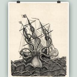 Kraken Art, Octopus Print, Coastal Wall Nautical Decor, Poster, Ocean Art - thumbnail 2