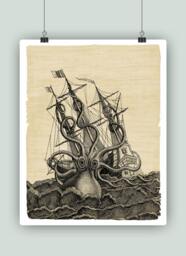 Kraken Art, Octopus Print, Coastal Wall Nautical Decor, Poster, Ocean Art - thumbnail 1