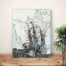 Kraken Art, Octopus Print, Coastal Wall Nautical Decor, Poster, Ocean Art - thumbnail 4
