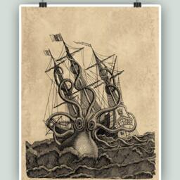 Kraken Art, Octopus Print, Coastal Wall Nautical Decor, Poster, Ocean Art - thumbnail 3